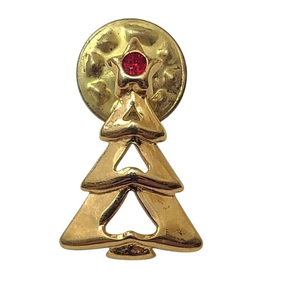 Vintage Christmas Tree Pin Gold Tone Red Rhinestone Star Holiday